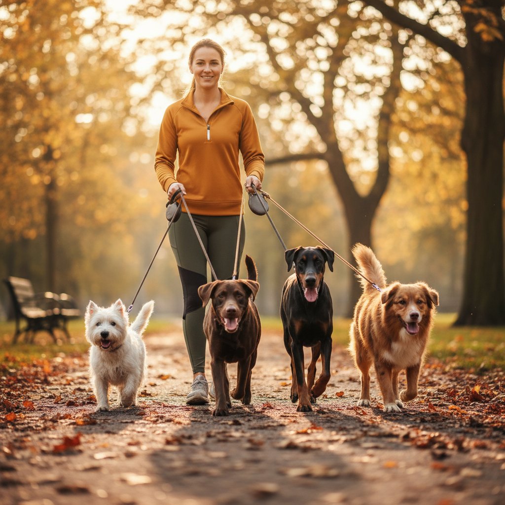 Professional dog walker with happy dogs in London park